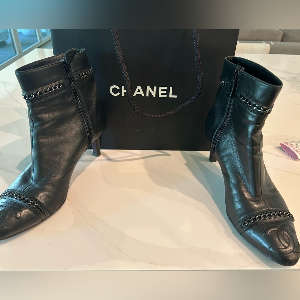 CHANEL Black Ankle Booties with Chain Detail